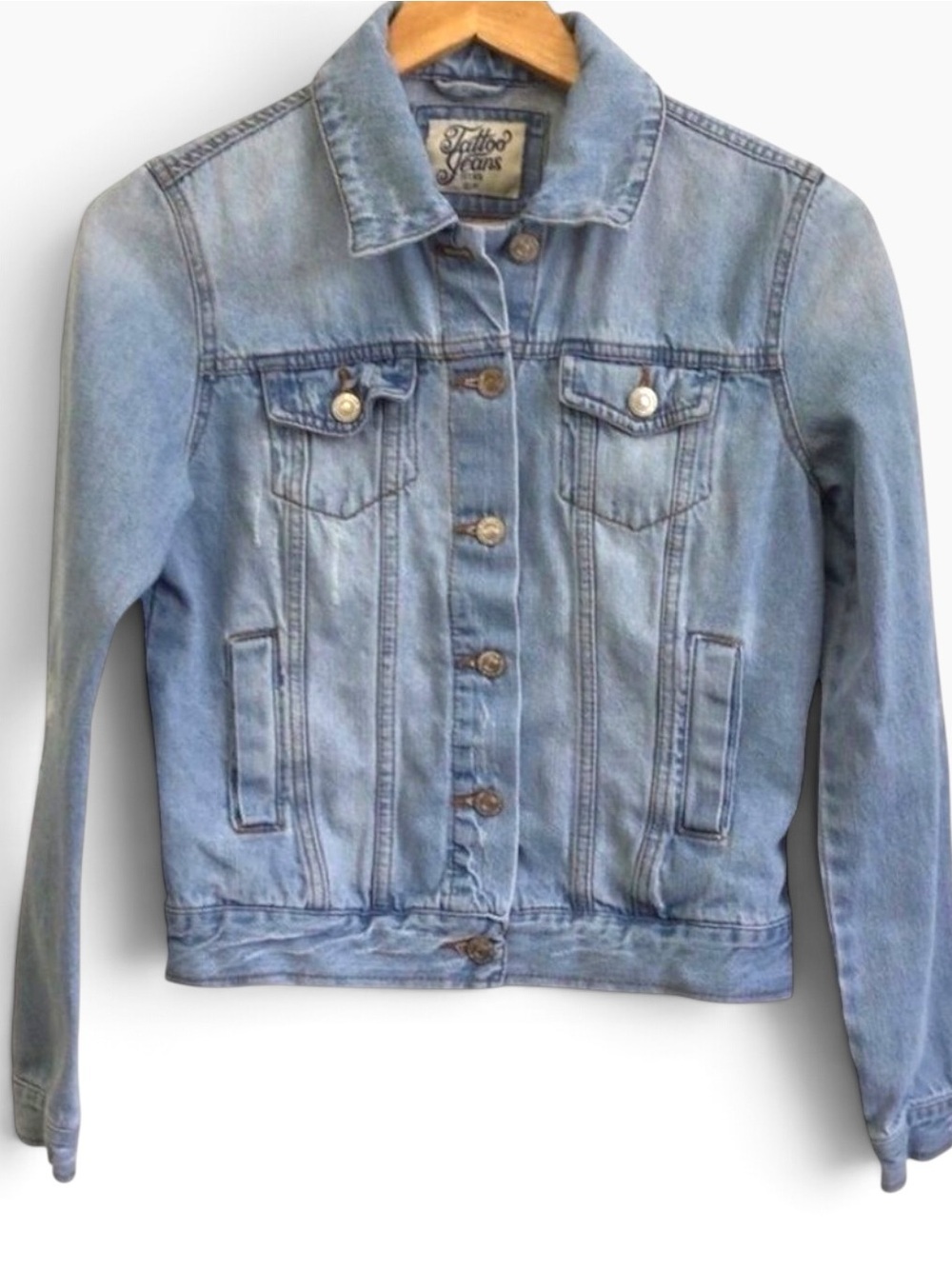 Denim jacket Tattoo distressed denim stretch light blue casual western Small